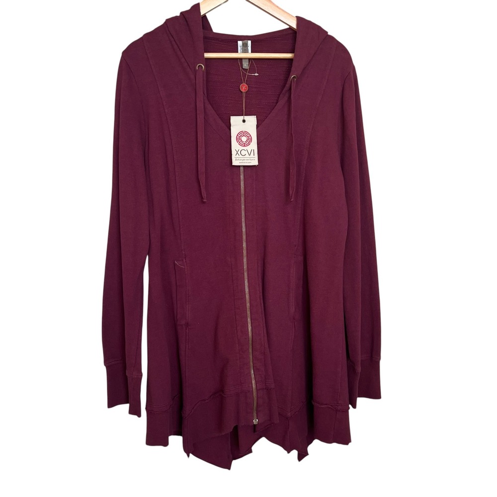 NWT XCVI Burgundy Mercantile Terry Zip Up Hoodie Jacket Handkerchief Hem SZ XL